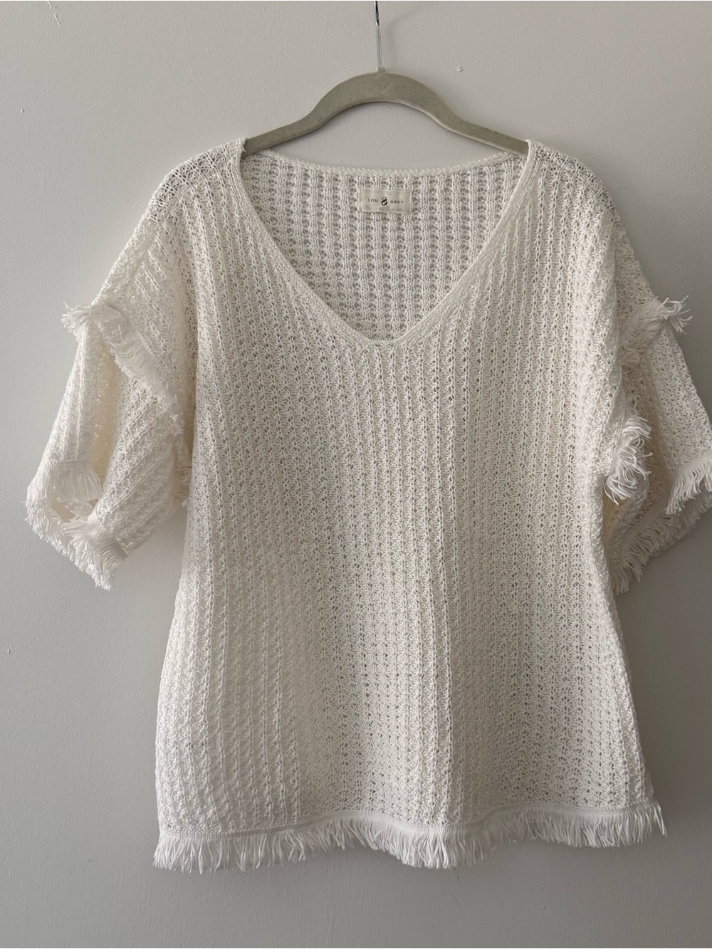 Lou & Grey Ivory Open-Knit V-Neck Fringe Pullover